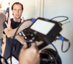 Director, Aaron Kamp on the set of Never Too Late. 2013 photo by David Biesse.